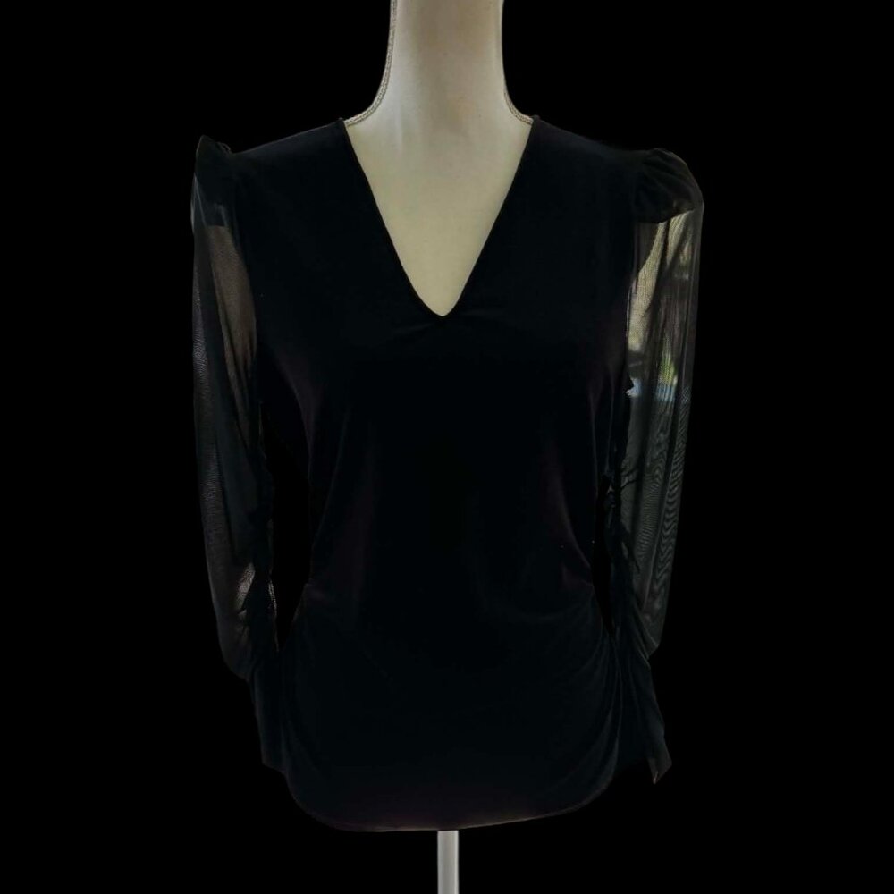 H by Halston Women's Velvet Sheer-Sleeve Faux-Wrap Top NWT - Picture 6 of 8